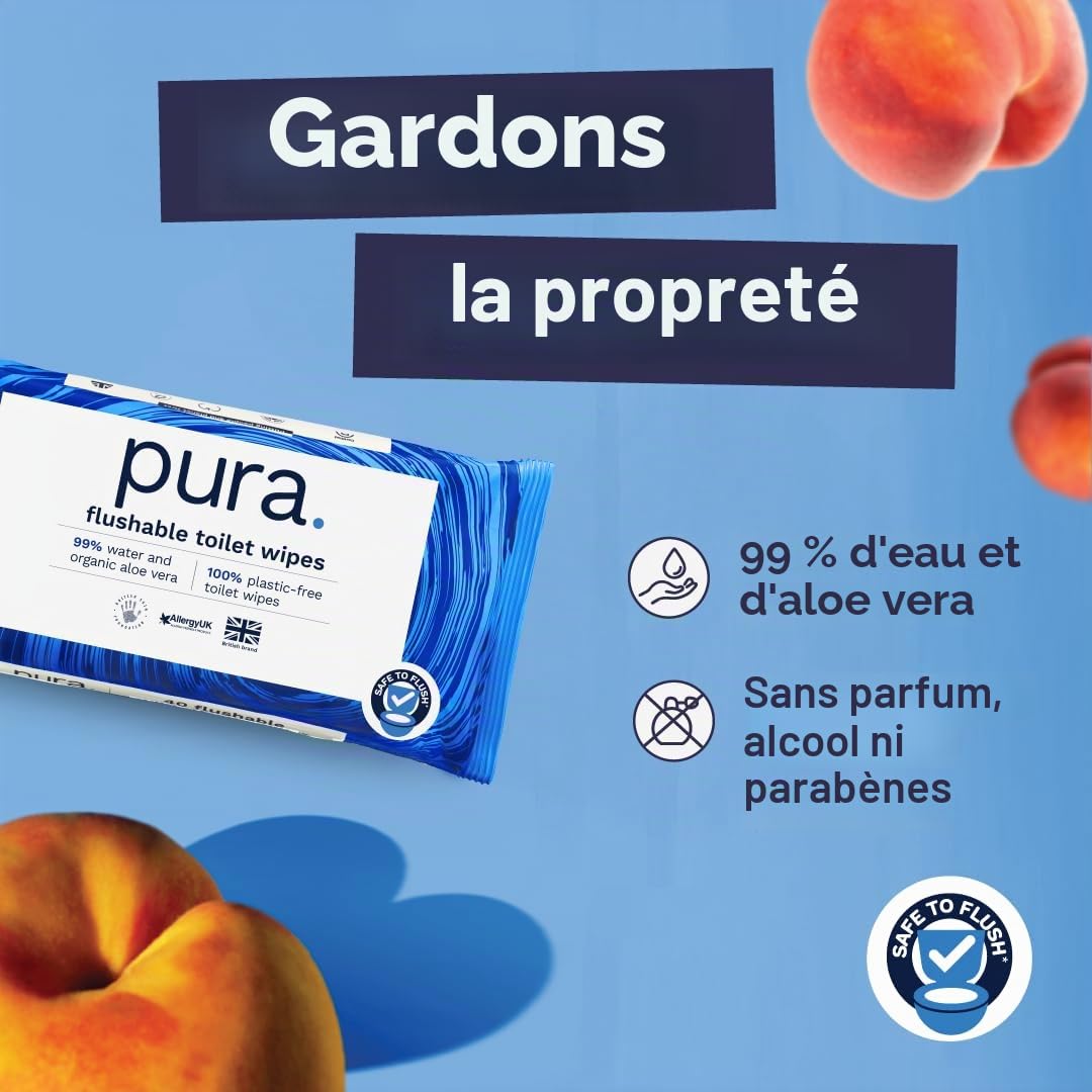 Pura Papier Toilette Humide, 560 Lingettes (14 x 40 Lingettes), Jetable Dans Les Toilettes, Lingettes Nettoyantes Pour Peau Sensible, 100% Sans Plastique, Fibres Naturelles