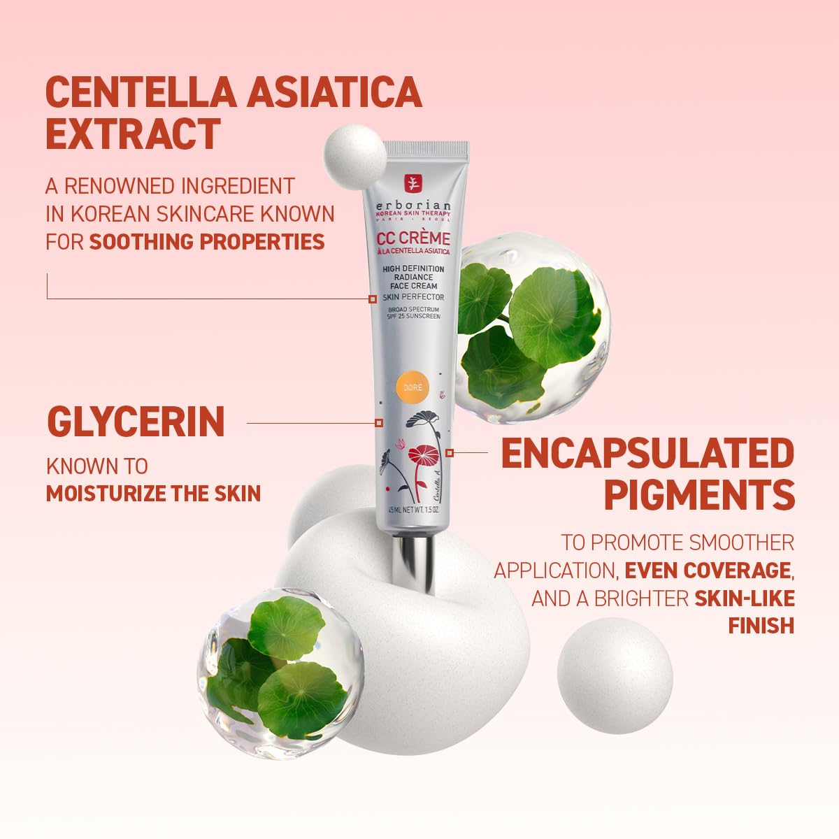 Crema CC correctora de color con centella asiática, Fair (Clair), corrector facial ligero multiusos con acabado iluminador que calma e hidrata - Perfector de la piel coreano SPF para el 3