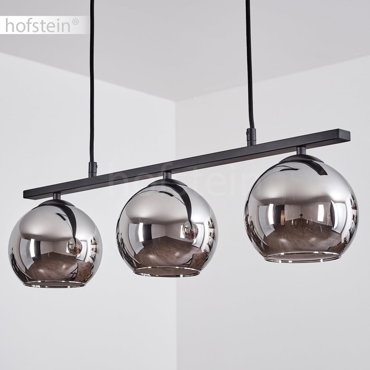 Pendelleuchte Koyoto, Hängelampe aus Metall/Glas in Schwarz/Chromfarben, Hängeleuchte im Retro/Vintage-Design mit Glasschirmen (Ø 15 cm), 3-flammig, Höhe max. 111,5 cm, 3 x E27, ohne Leuchtmittel