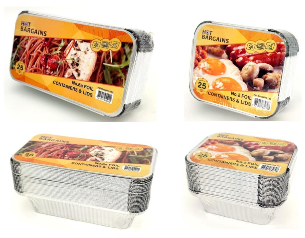 Hot Bargains Silver Aluminium Foil Container Set With Lids, 200 Pack Mixed Sizes No.2 And No.6a,