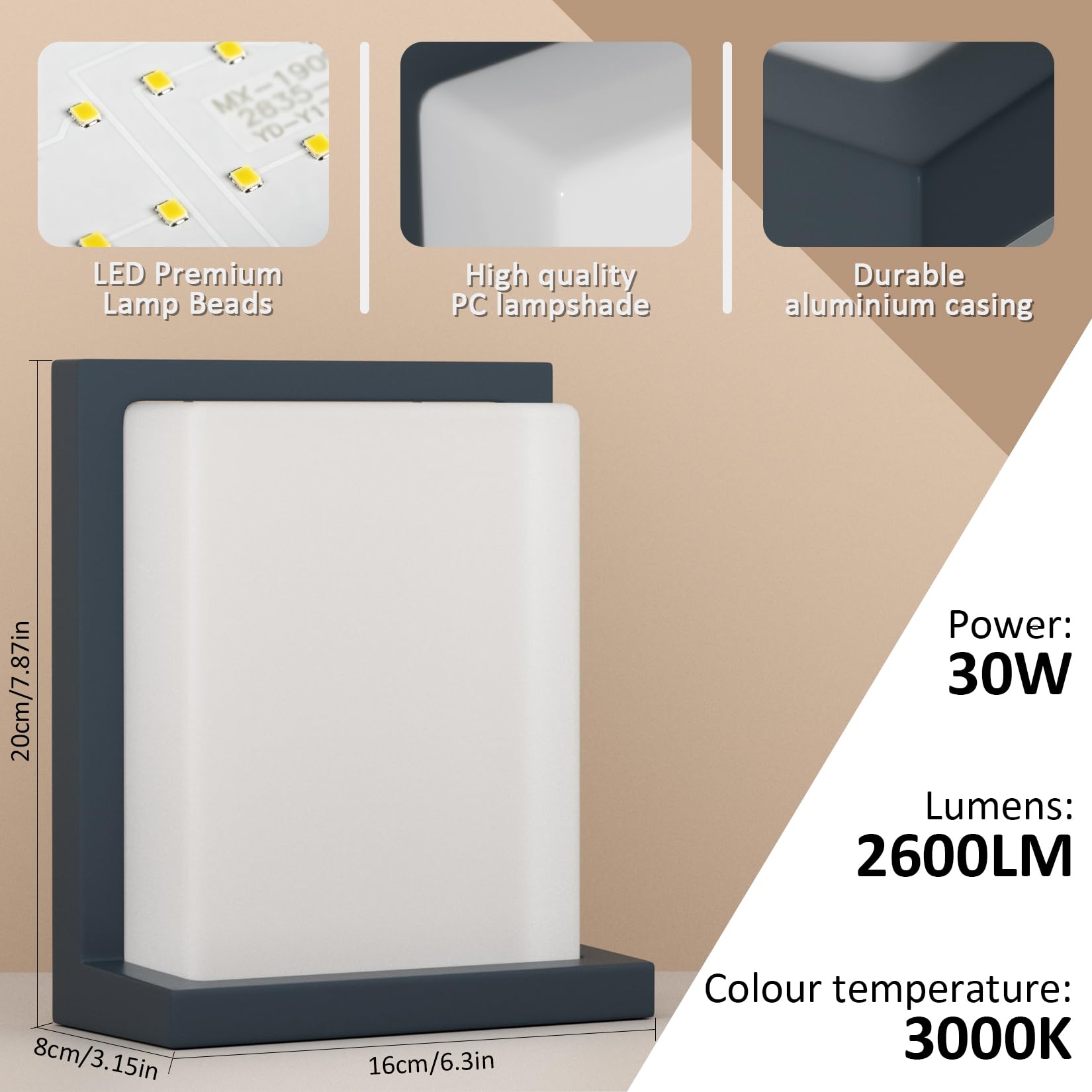 Kligthen LED Lampada da parete esterna, 3000K Lampada da parete interna, 30W Applique da esterno, IP65 Luce da parete esterna, Applique per terrazza, giardino, antracite