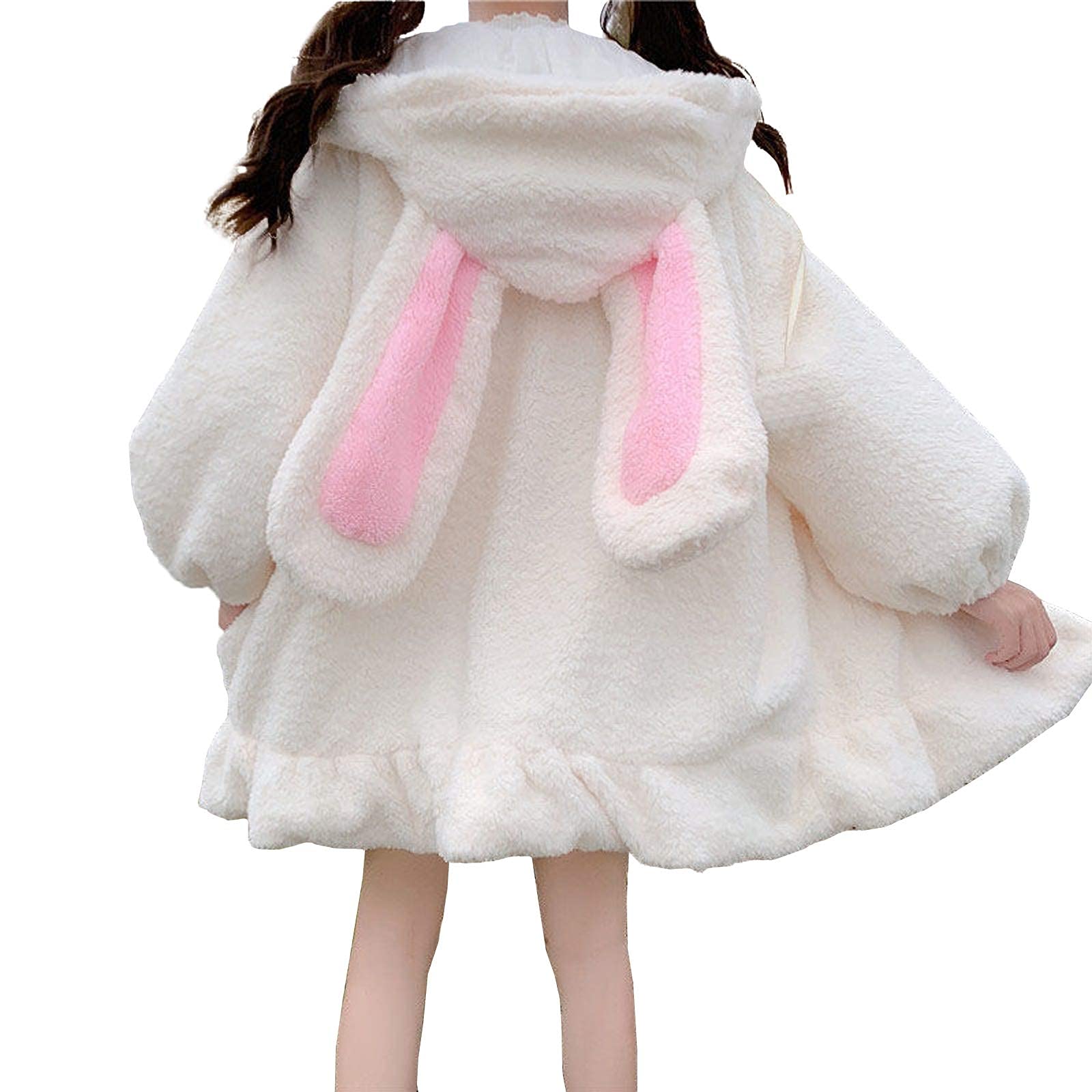 CheJooe Kawaii Lolita Rabbit Hooded Coats Cute Fluffy Rabbit Ears Goth Dress Fashion Bunny Girls Jacket Skirt Outwear Tops Autumn Winter Going out in spring and autumn (Color : White, Size : M)