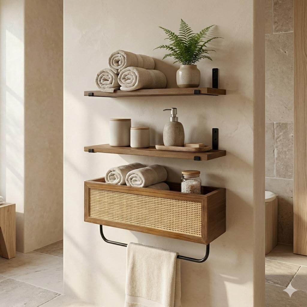 Autumn Alley Modern Organic Floating Shelves for Bathroom – Above Toilet Shelves with Rattan Basket Caning Organizer, Wood Floating Shelf Storage, Wall Shelves Bathroom Décor, 3 Tier