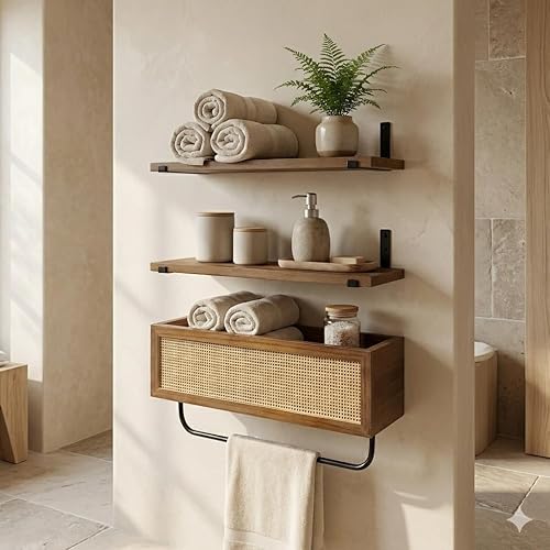 Autumn Alley Estantes flotantes de ratán bohemio de 3 niveles con cesta de almacenamiento y toallero