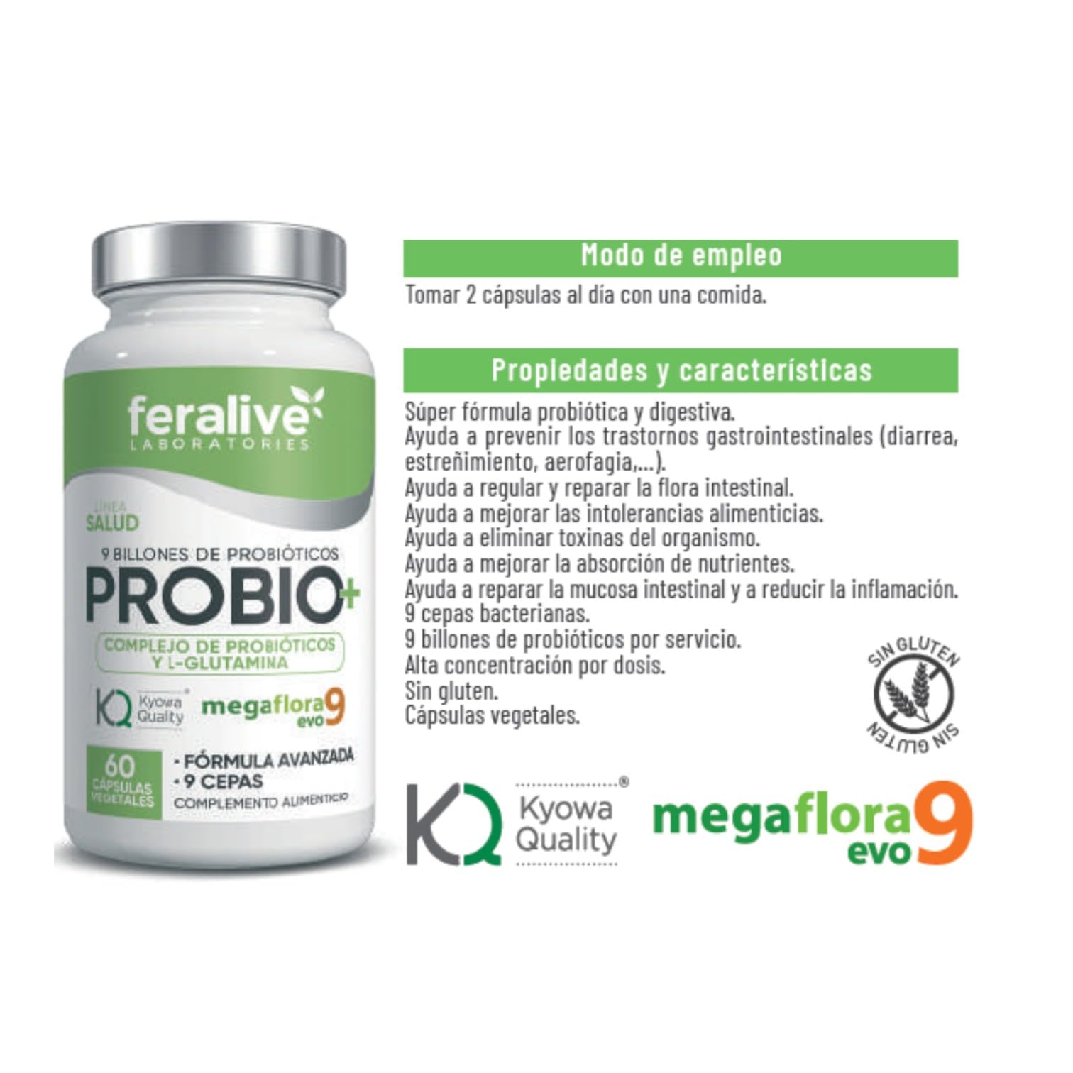 PROBIO+ 60 Cápsulas – Megaflora 9 Evo® + L-Glutamina Kyowa® – Suplemento Probiótico para Flora Intestinal, Digestión y Salud Gastrointestinal