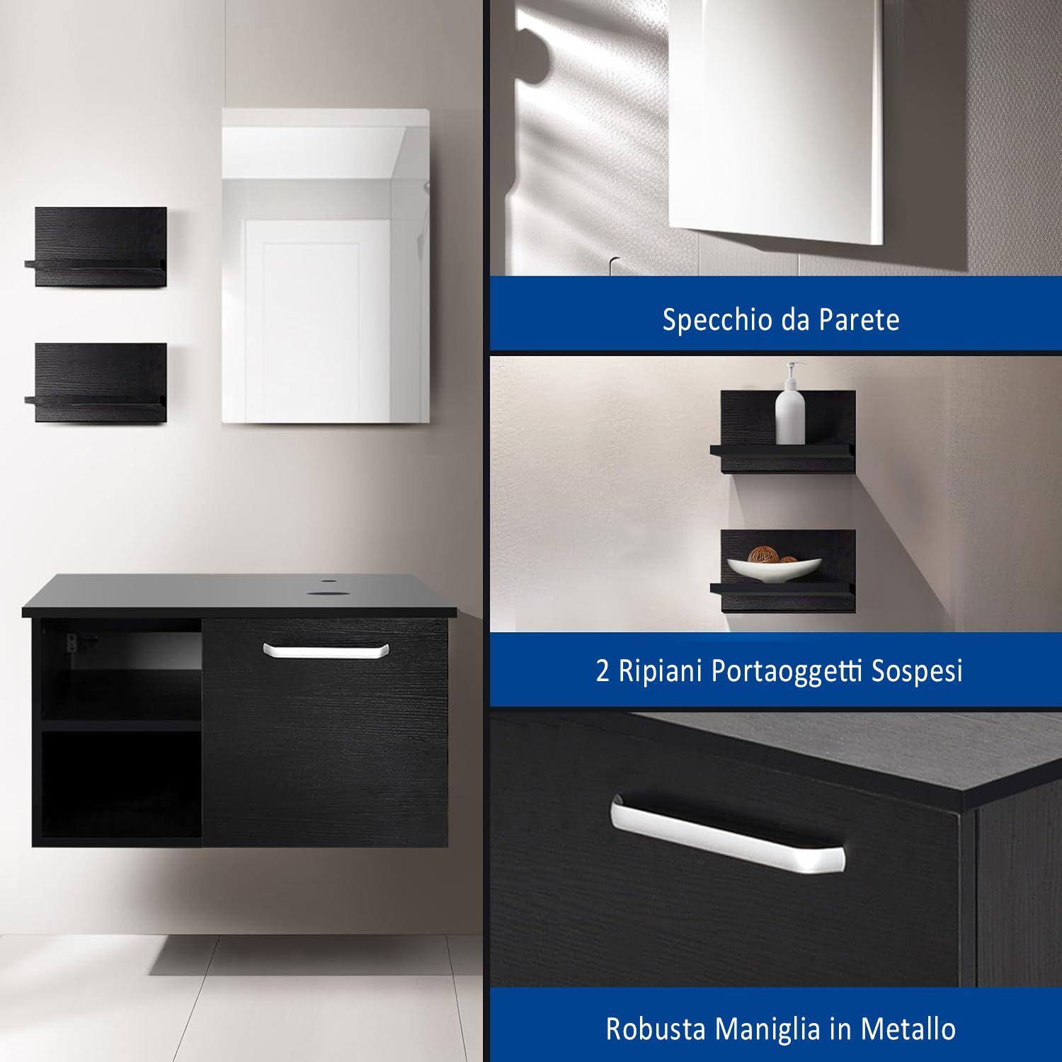 YU YUSING Set di Mobili da Bagno con Lavabo, Specchio, Portasciugamani, Arredo Bagno Completo, Mobile Lavandino Bagni da 71cm, Mensola Doccia 3 Ripiani, 2 Ripiani Muro, Set Rubinetti, Bianco