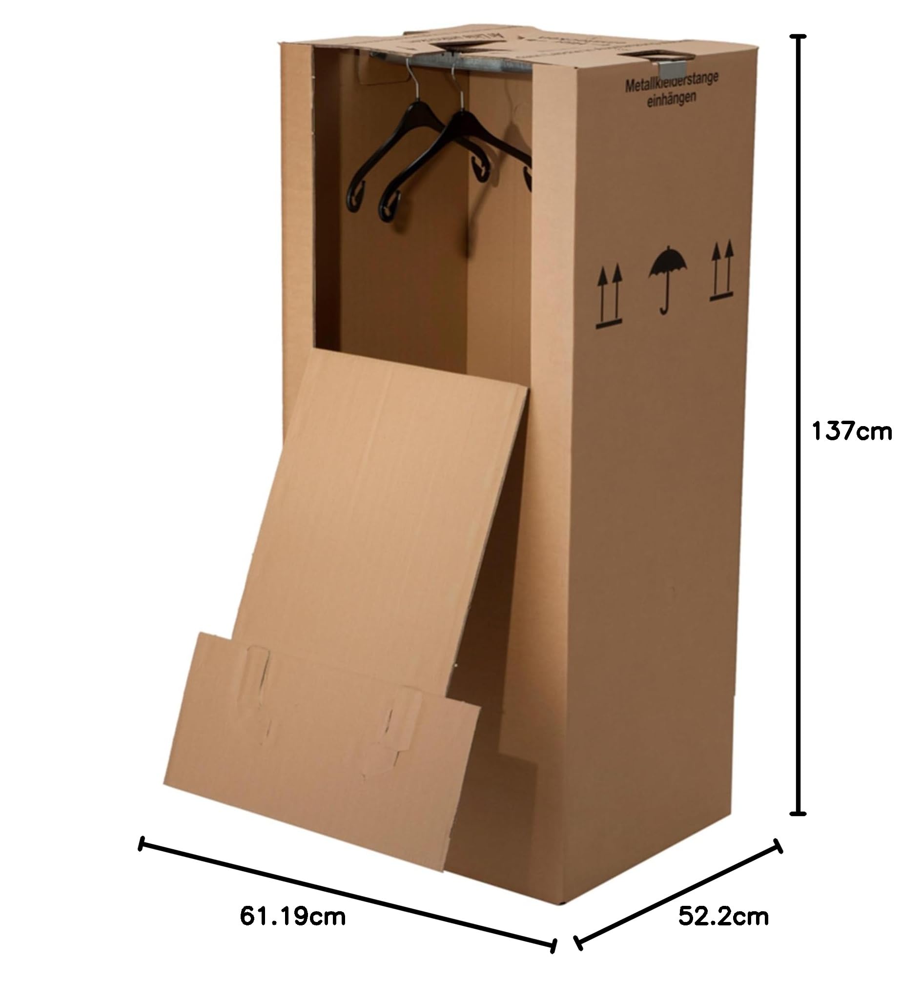 BB-Verpackungen Lot de 15 boîtes à vêtements Maxi - 612 x 522 x 1370 mm - Double cannelure (15 pièces) - Grand carton à vêtements avec barre en métal, trous de préhension et charge jusqu'à 60 kg