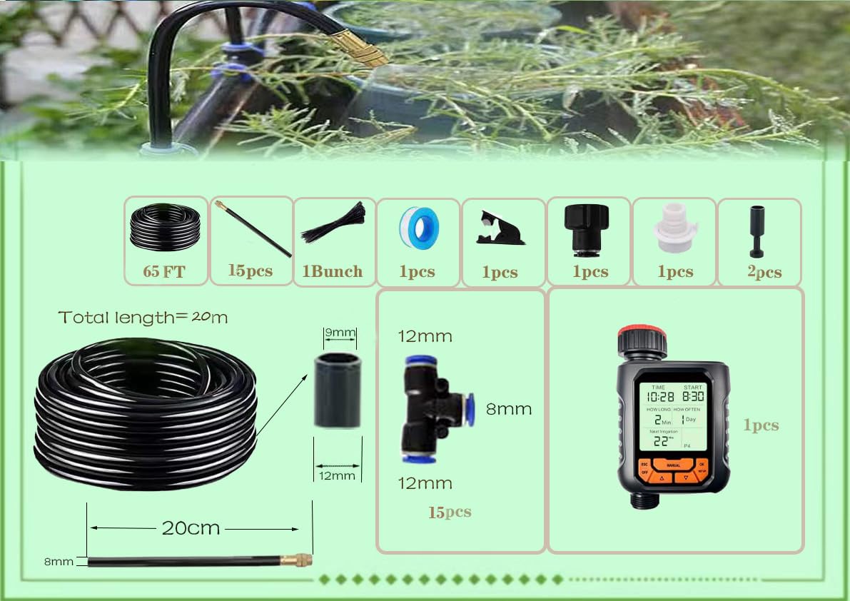 Kit di irrigazione a goccia, sistema di irrigazione automatico da giardino con timer, nuovi connettori rapidi e ugelli in rame atomizzanti a 360 gradi per sistema di irrigazione per giardino piante