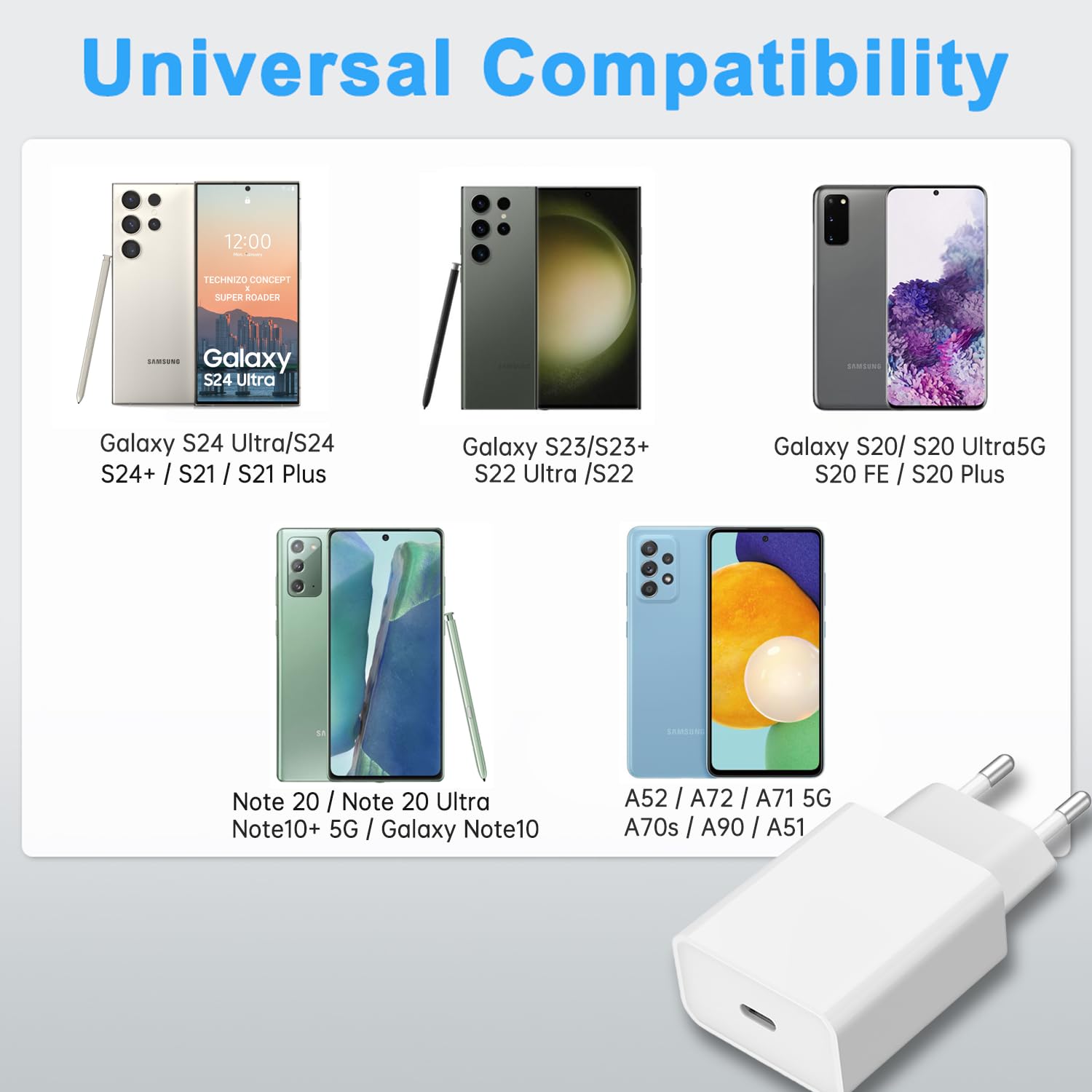 25W Caricabatterie rapido Con 2M Cavo Tipo C Compatibile con Samsung Galaxy S24/S23 /Ultra S23+/S23 /S22 /S21/S21 ultra/ S20 Ultra/S20 / S10 /S9 / S8/ A71 / A52 /A51/ A32/ A31 / A13 USB C Caricatore