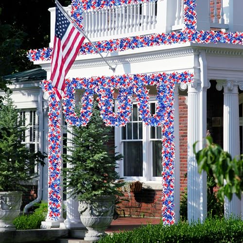 Image of 50FT 4th of July Patriotic Tinsel Garland, Glitter Tinsel Garlands with Mixed Color Star, Metallic Holiday Hanging Streamers for Memorial Day Independence Day Indoor Outdoor Party Decor
