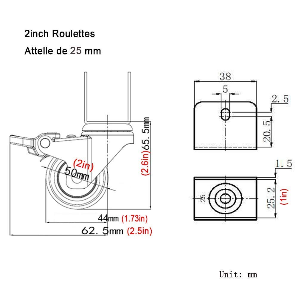 Zestaw 4 kółek obrotowych, kółka meblowe z uchwytem w kształcie litery U, koła szynowe 50 mm z hamulcem, obrót o 360 stopni, wytrzymałe nylonowe kółka do łóżeczka dziecięcego (4 obrotowe 25 mm/1 cala)