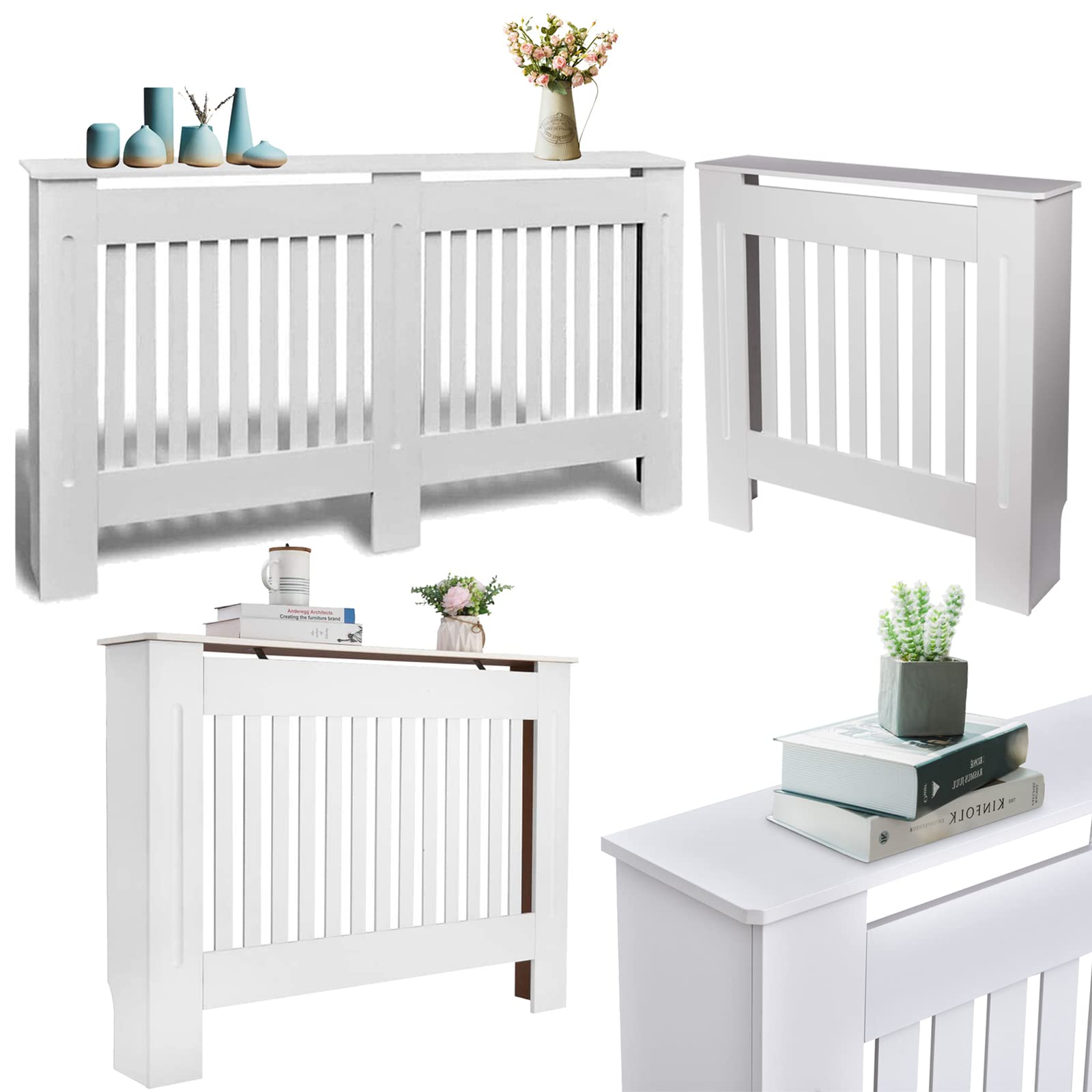 Tall Radiator Shelf - White MDF Grill Cabinet Shelf with Vertical Slats for Living Room, Bedroom, Hallway - Modern Radiator Heater Cover with Sideboard, Large