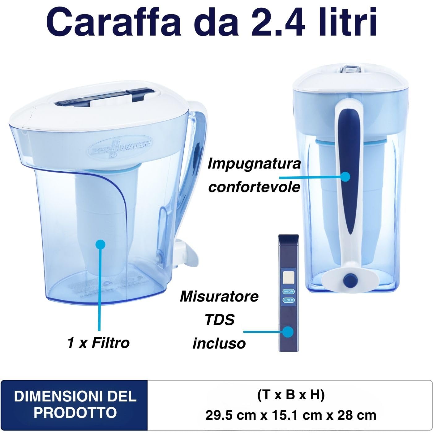 ZeroWater Caraffa Filtrante per Acqua a 5 Fasi da 2,4 L - Brocca Acqua Filtrante con Certificazione NSF - Riduce la Presenza di Piombo PFOA/PFOS e Altri Metalli Pesanti - Bianca e Blu
