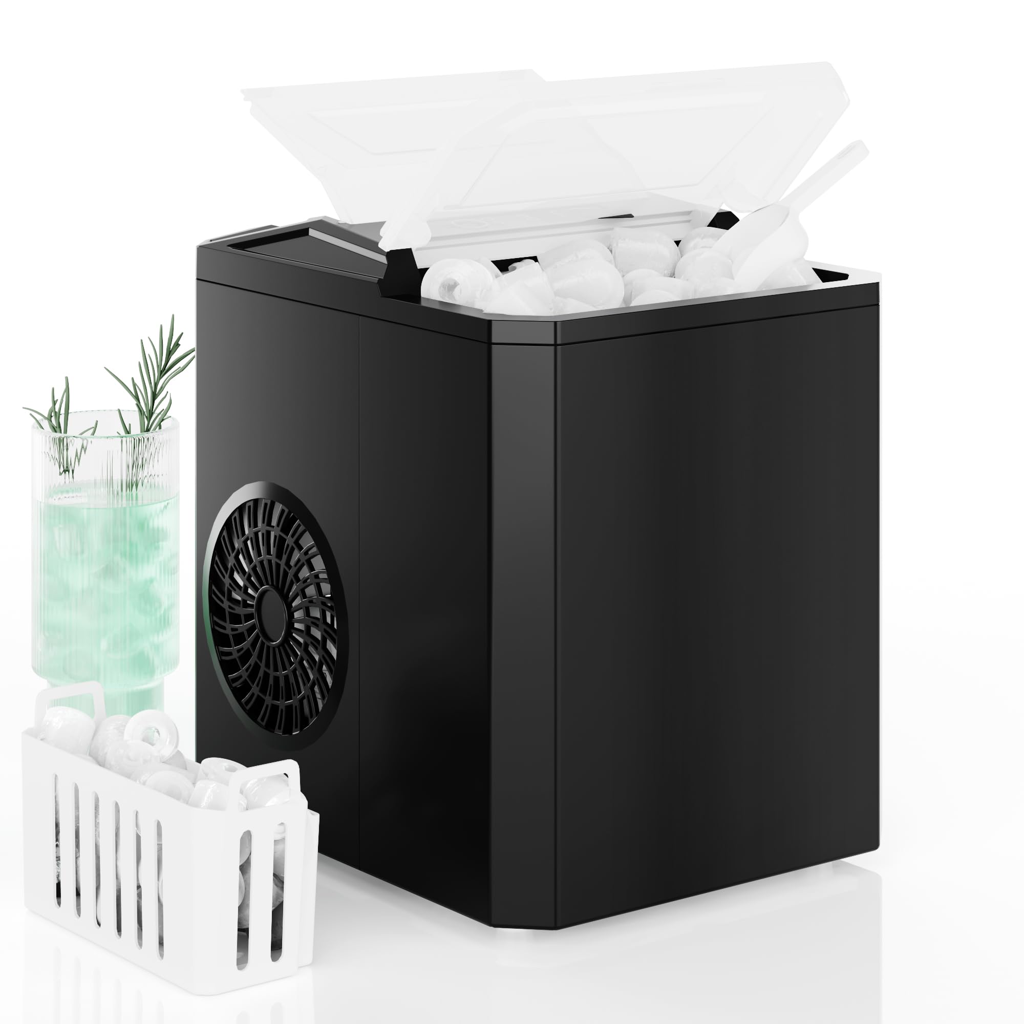 DUMOS Countertop Ice Maker, Portable 1.5L Ice Machine with Self-Cleaning, 26.5lbs/24H Fast Ice Making, 9 Bullet Ice Cubes in 6 Mins, 2 Size Options, Quiet Compact Ice Maker, Black