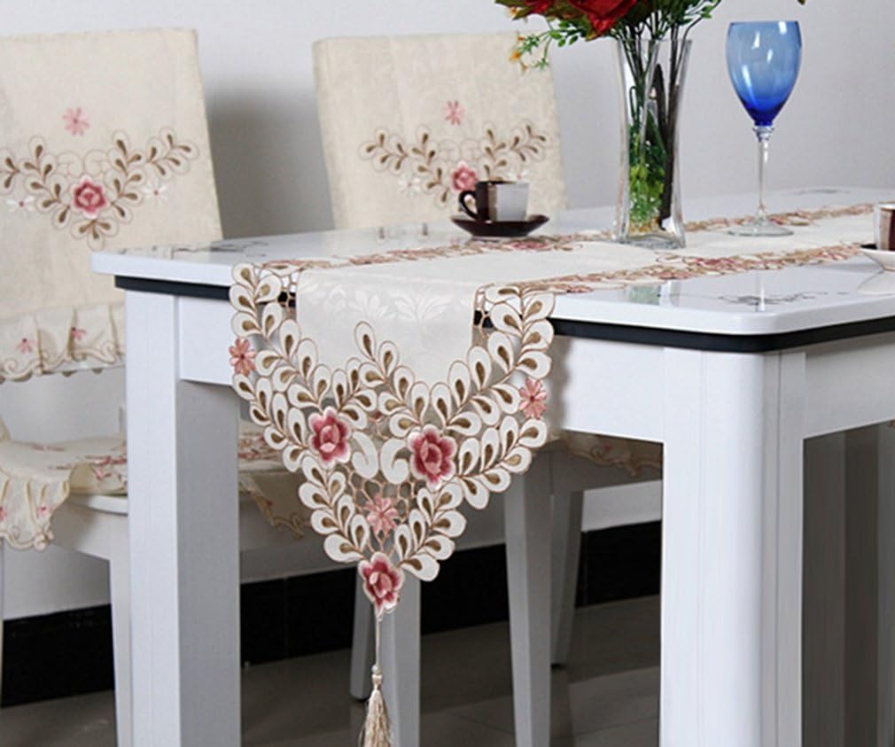 FashionMall Classic European Style Embroidery Dining Table Runners Tassel Floral Lace (16*60 Inch(40*150CM), Pink Flowers)