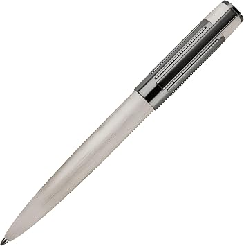 Hugo Boss Gear Ribs HSV3064B Brass and Aluminium Ballpoint Pen - Chrome - Length 13.8cm - Blue