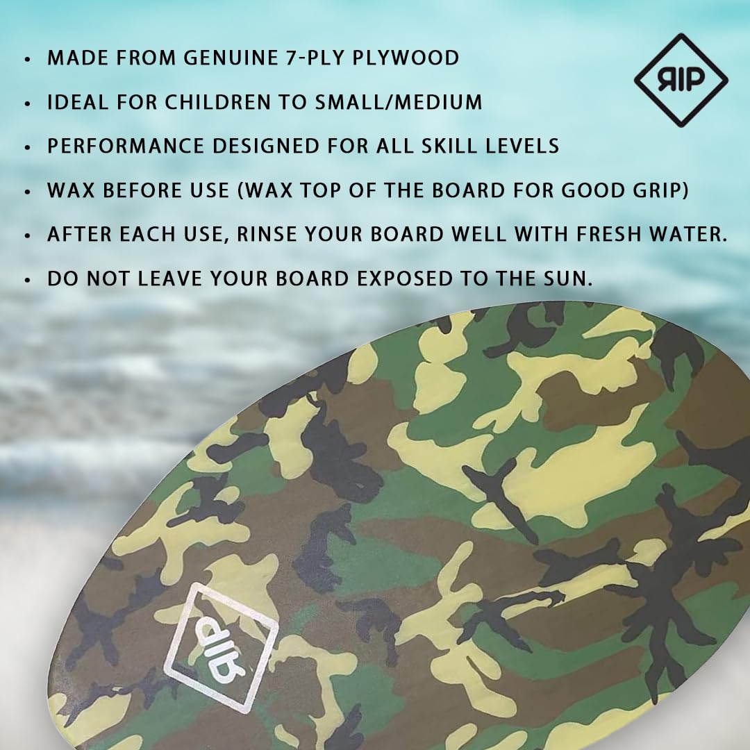 RIP Skimboard Camo Madera 37'' inch, 7 Ply Wood 94 CM - Premium Skimboard de Madera para Surf Tabla principiante a intermedio, ligera, para todos los niveles de habilidad, niños y adultos