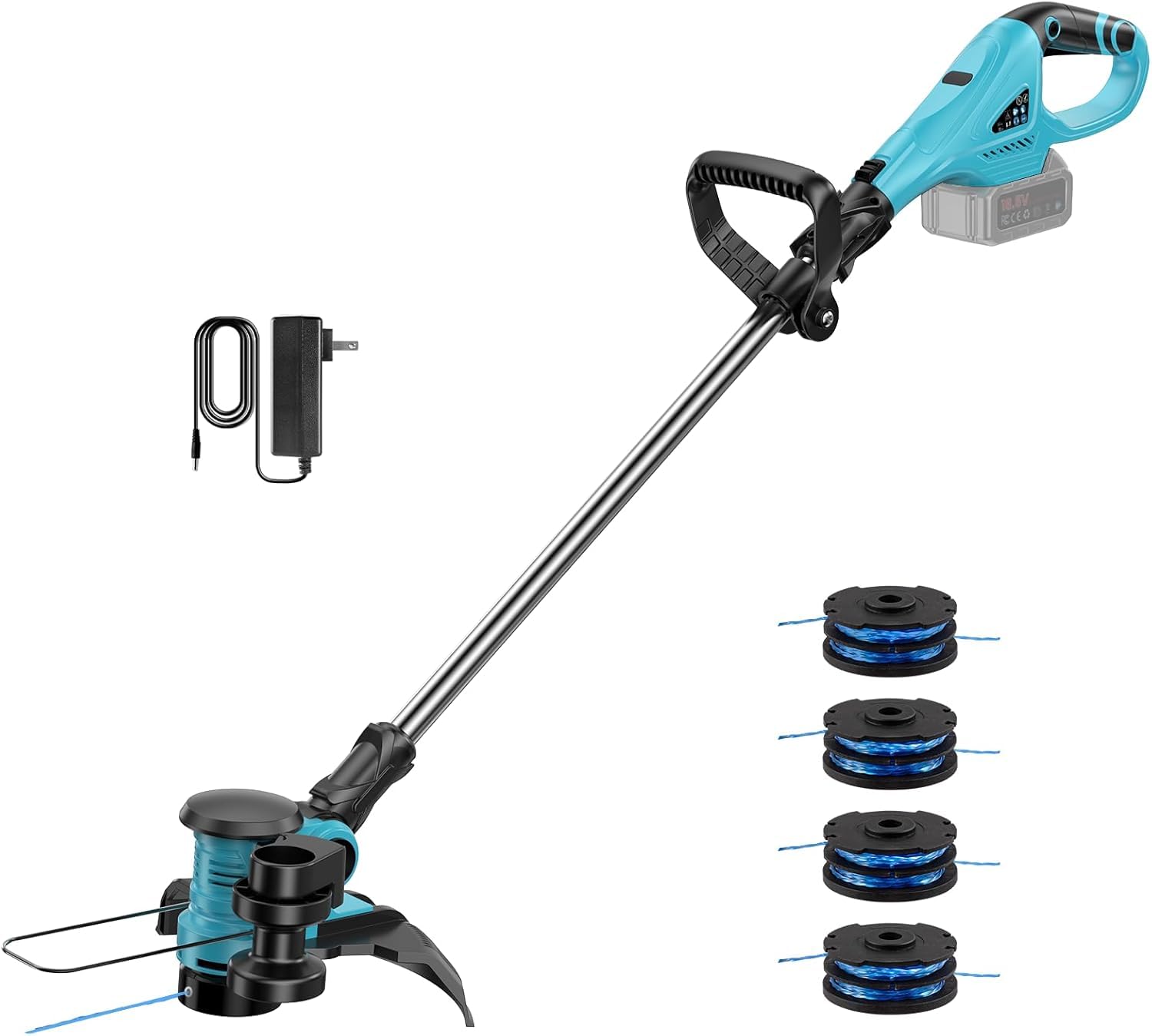 Cortabordes y Desbrozadora a Batería 2 en 1 – Ø 30cm, Ligero 2,3kg, Cabezal 90° – Compatible con Baterías de Litio 18V/21V Comunes, Incl. 4 Bobinas (Sin Batería)