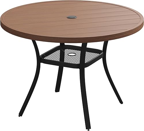 VICLLAX Mesa de comedor redonda para patio al aire libre, mesa redonda de listones de metal de 41 x 41 pulgadas con agujero ajustable para sombrilla