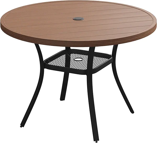 VICLLAX Round Patio Table with Adjustable Umbrella Hole, All Weather Outdoor Round Dining Table for Lawn Garden, 41.2"x 28" Walnut Wood-Like Outdoor Coffee Table
