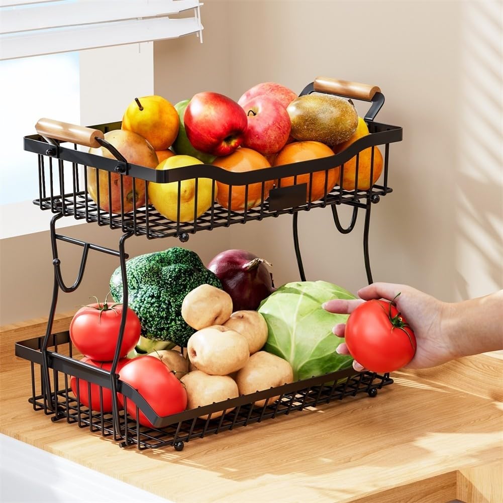 Cesta de frutas de metal de 2 niveles con gancho para plátano, estante para encimera de cocina, diseño negro, 41 x 24 x 32 cm