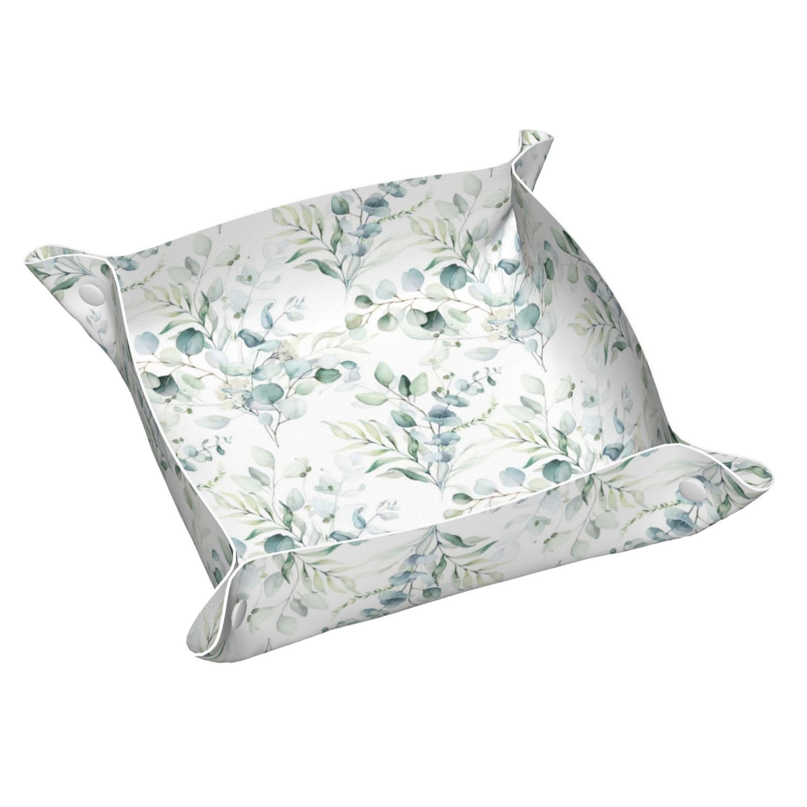 InOmak Watercolor Green Floral Leaf Eucalyptus Round Leaves Succulent, Leather Storage Tray Jewellery Organiser Desktop Catchall Tray, Dresser Organizer Plate,M