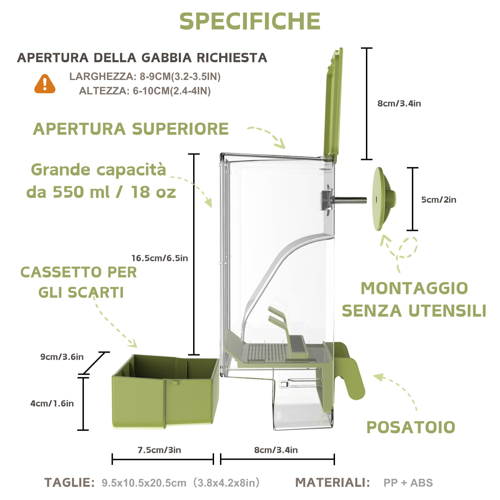 Mangiatoia e Distributore d'Acqua per Uccelli, Mangiatoia Automatica con Posatoio per Gabbia per Pappagallini, Canarini, Cockatiel, Fringuelli, Budgerigar (Verde)