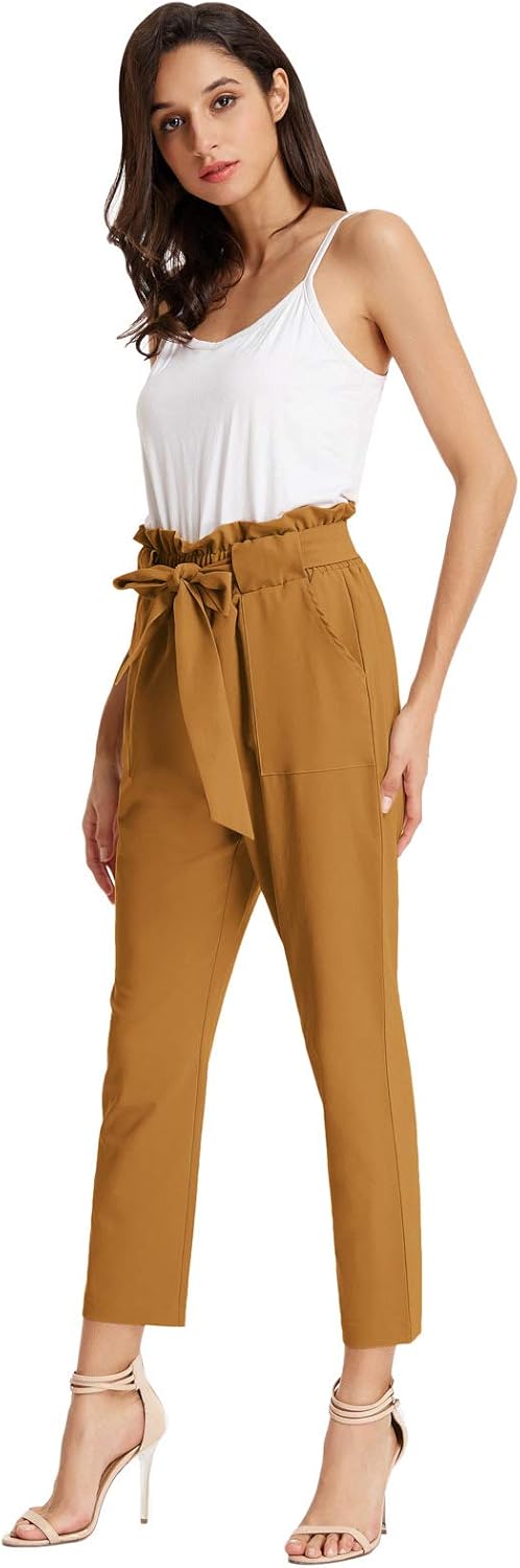 GRACE KARIN Women's Cropped Paper Bag Waist Pants with Pockets Small Ginger