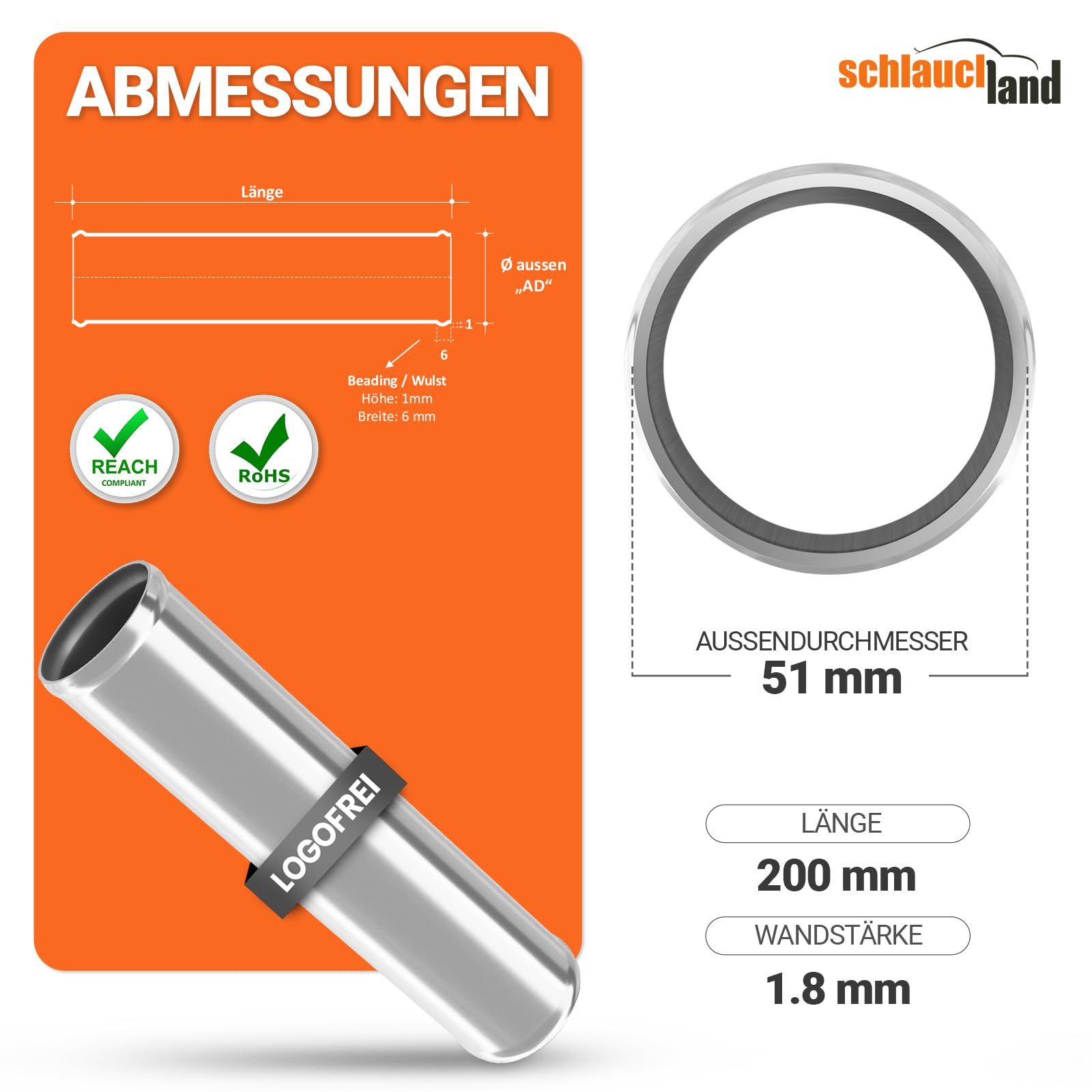 30cm Alu-Rohr AD-Ø 51mm Schwarz Alurohr poliert & gebördelt | AUSWAHL FARBEN & GRÖSSEN | Aluminium Rohr T6063 Motor KFZ LLK Turbo Kühler Hochtemperatur Druckluft DIN 40501 & EN AW-6063
