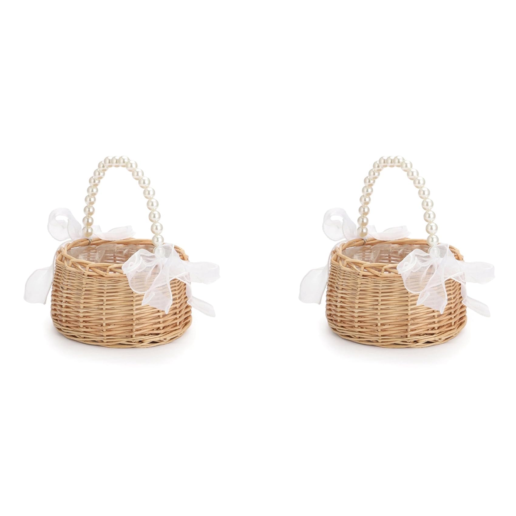 Hndhbfgrt 2X Wicker Flower Girl Basket for Weddings, Rattan Flower Basket Handmade Flower Girl Basket with Handle and Ribbon