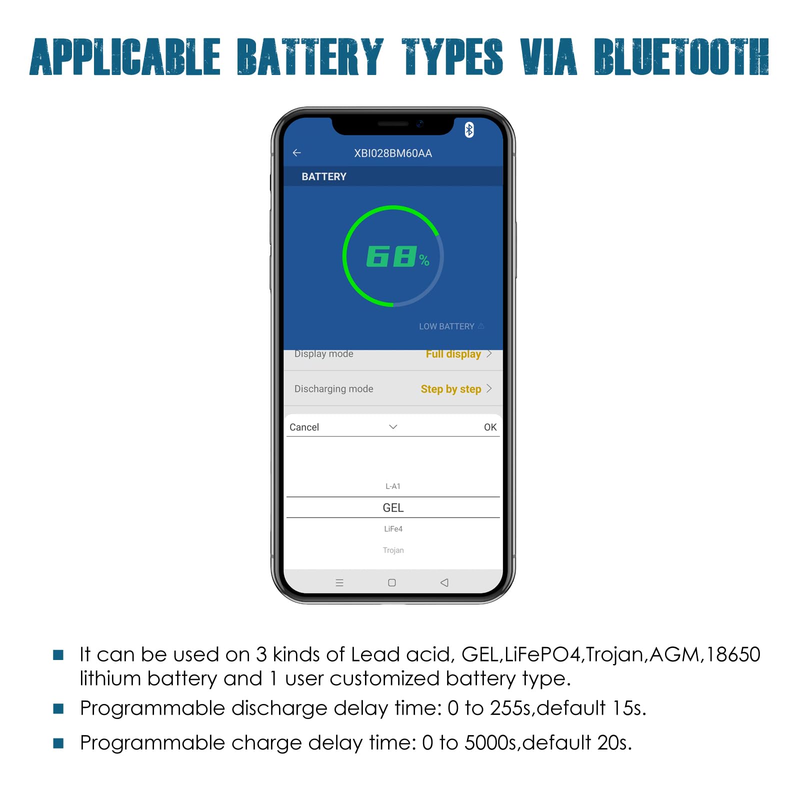 Runleader DC 12V/24V 36V 48V LED Battery Capacity Meter,Bluetooth Remote Manage for Lead Acid Trojan LiFePO4 AGM Gel 18650 Batteries,Voltage & Low Battery Alert for Golf Cart Forklift Lawn Mower.