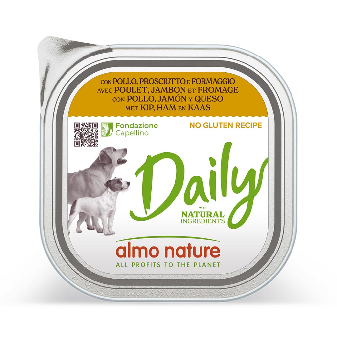 almo nature Daily con Pollo, Prosciutto & Formaggio - Ricetta Senza Glutine - Cibo Umido per Cani Adulti - Pacco da 9 x 300 g