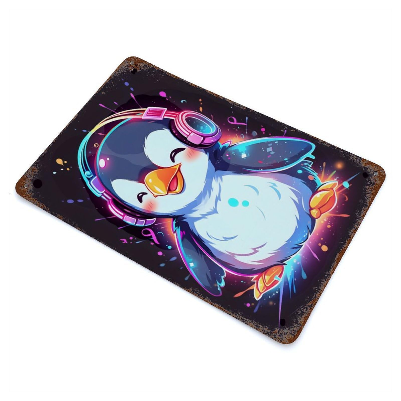 Happy Penguin Headphones Rustic Tin Plaque 11.8"x7.9", Ideal for Shed, Workshop And Garage Wall Decor
