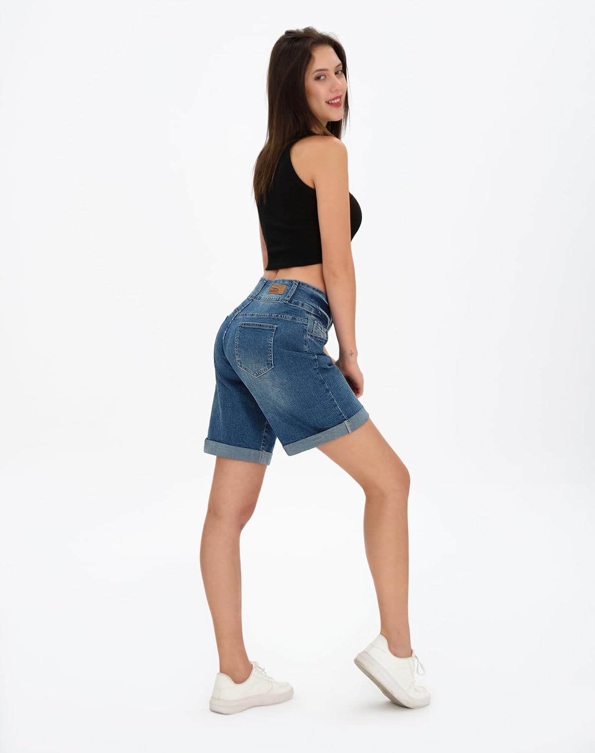 roswear Women's High Waisted Stretchy Wide Leg Denim Shorts Casual Summer Cuffed Long Jean Shorts - Image 3