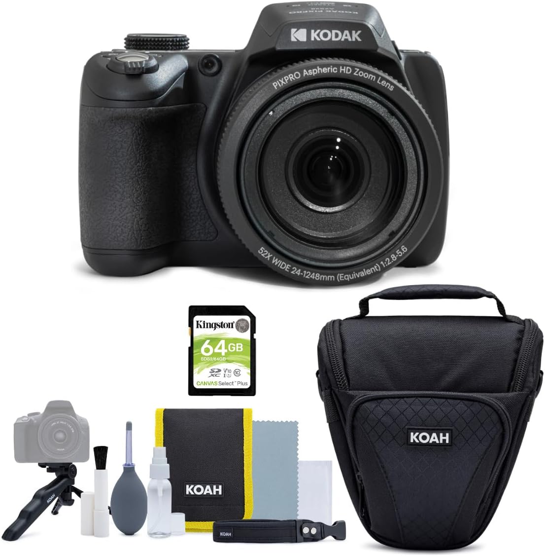 Kodak PIXPRO AZ528 16MP Astro Zoom Digital Camera with 52x Zoom and 3-Inch LCD Display (Black) Bundle with 64GB Memory Card, and Camera Case with Accessories (3 Items)