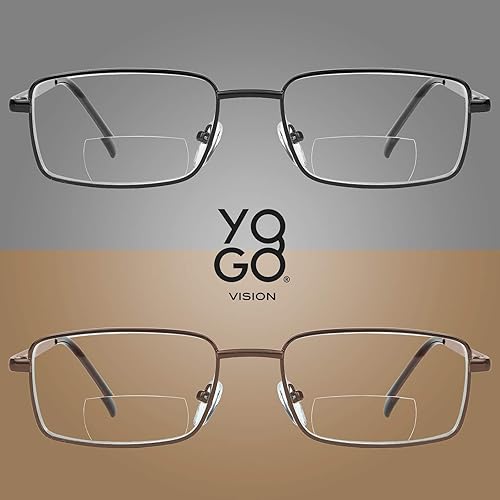 Miniatura 2 de Yogo Vision Gafas de lectura bifocales, paquete de 2 lentes rectangulares de metal con borde completo para leer hombres y mujeres +3
