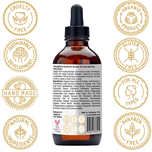 Laritelle Organic Hair Growth Treatment Oil — Silk Velvet — Grape Seed, Olive, Sea Buckthorn, Arnica, Calendula & Rosemary — Scalp Conditions, 4 oz image 4