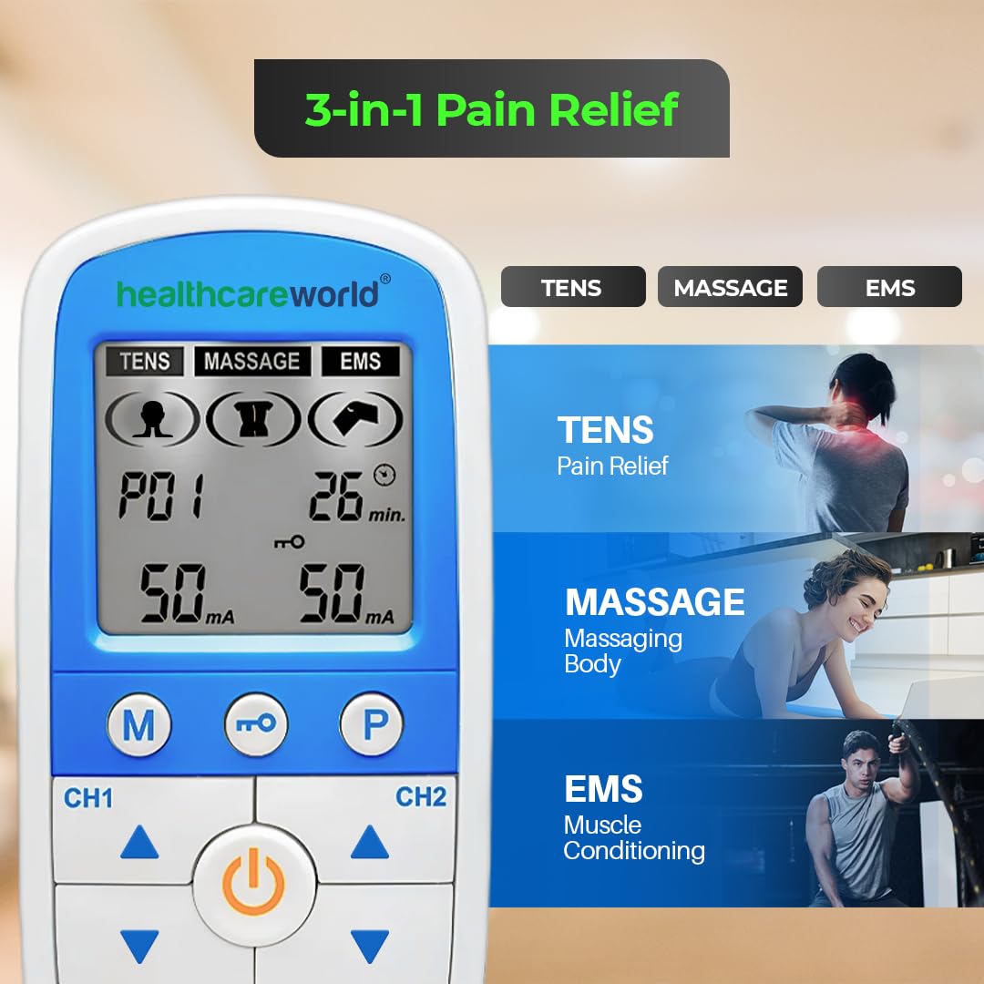 Healthcare World Digitales TENS EMS Gerät – Dual-Channel EMS/TENS für Schmerztherapie, Muskelstimulation, Massage, Physiotherapie & Rehabilitation – 4 Selbstklebende Elektroden, Tragbar