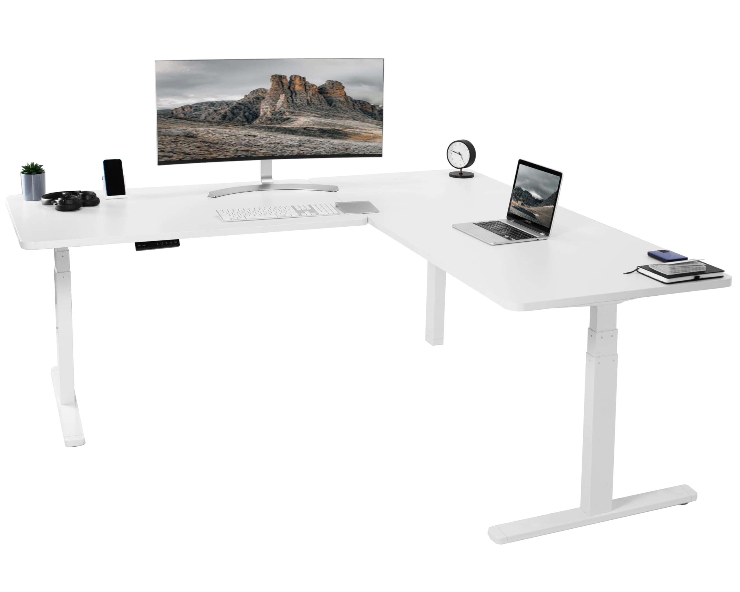 VIVO Electric Height Adjustable 77 x 71 inch Corner Stand Up Desk, 2 White 30 inch Deep Table Tops, White Frame, Memory Controller, L-Shaped