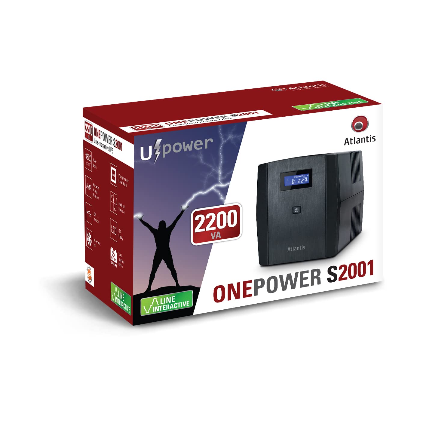 Atlantis OnePower S2001 UPS Line Interactive 2000VA 1200W AVR Onda PseudoSinusoidale 4 Prese IEC 1 Presa Schuko 2 Batterie 12V 10Ah