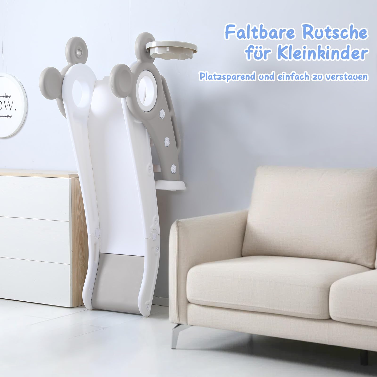 YOLEO Rutsche Kinder Fun-Slide mit Basketballkorb Faltbar Gartenrutsche für 2-3 Jahre Indoor Outdoor Grau