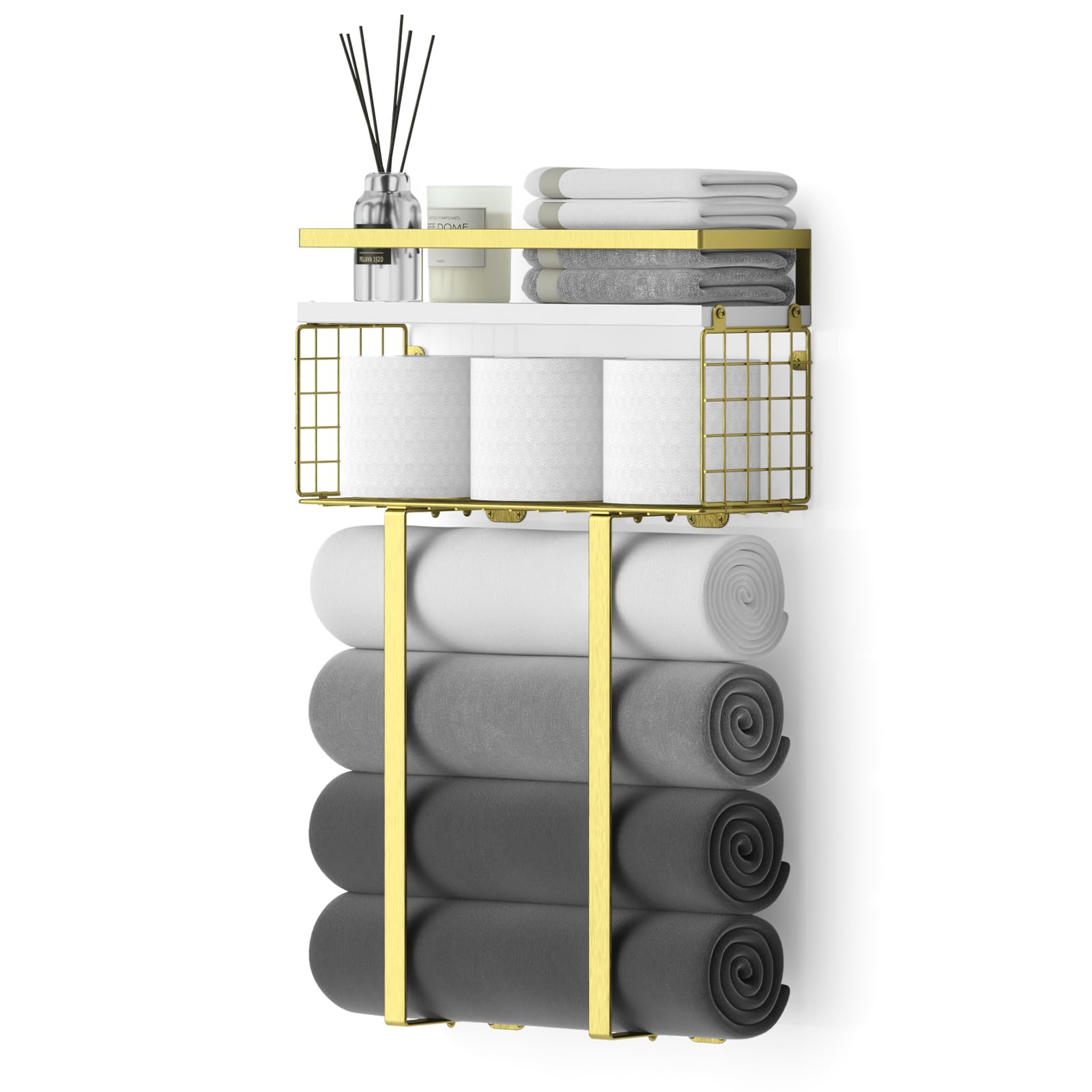 Towel Racks for Bathroom, Bathroom Shelf Over Toilet,Floating Shelves with Towel Rack Paper Holder Storage Basket,Floating Shelves for Wall Decor,Gold