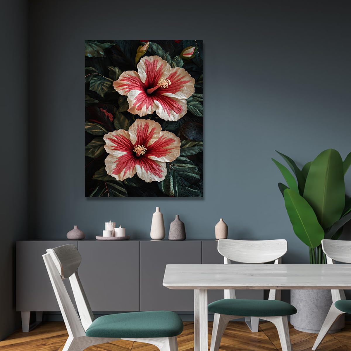TOANGWALL Tropikalny hibiskus, płótno, sztuka ścienna, czerwone, różowe, kwiaty, malarstwo, ciemnozielone liście, dzieło sztuki, nowoczesny, oprawiony plakat, wydruki, obrazy ścienne do salonu, salonu
