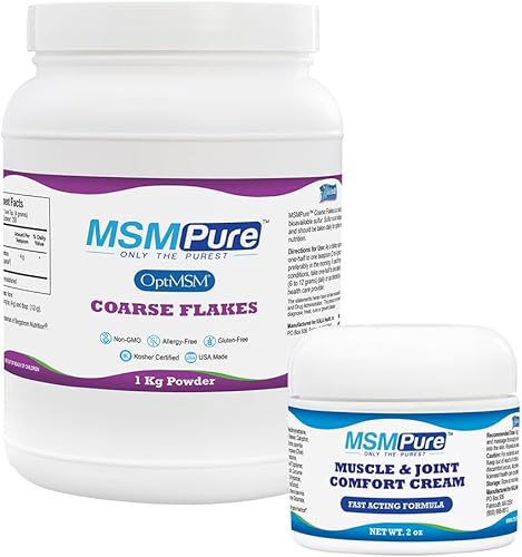 KALA HEALTH MSMPure Coarse Flakes 2.2 lb y paquete de crema muscular y articular de 2 onzas