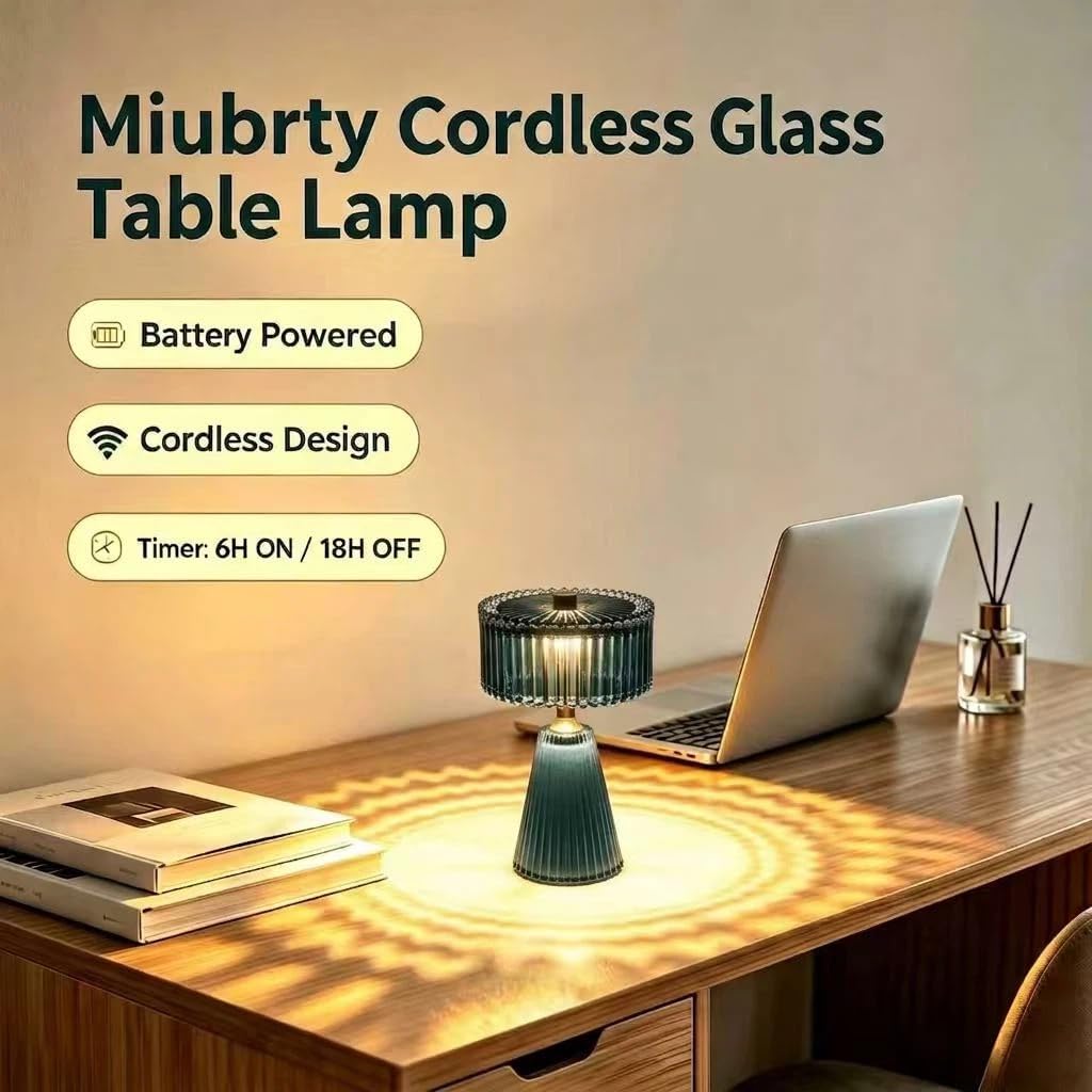 Cordless Glass Table Lamp - Small Battery Operated Lamp with 6H Timer, Vintage Fluted LED Battery Powered Lamps, Teal Glam Accent Nightstand Light for Bedroom, Bathroom, Patio (Teal+Small) image 3
