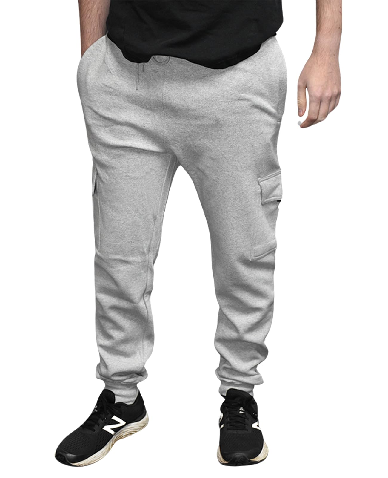 Men's Cargo Joggers with Pockets, Regular Fit Fleece Trouser Elastic Waist Tracksuit Bottoms Casual Gym Sweatpants for Running, Workout, Sports, Travel and Daily Wear Grey Ribbed L