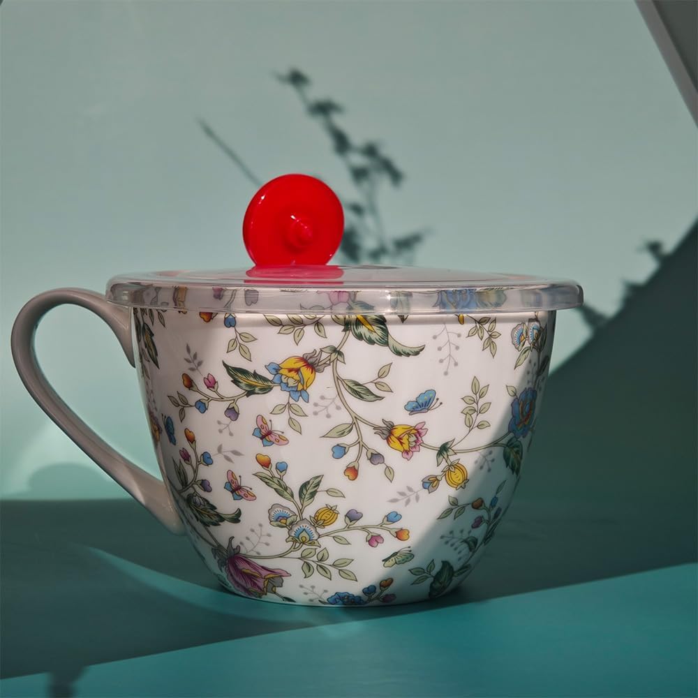 Lightweight Large Soup Mug with Lid Microwave Safe Bone China Soup Bowls with Handles, 21 fl oz Big Coffee Cup For Tea, Cereal, Soups, Large Handle for Comfort, Floral Design Gift for Women - Image 4