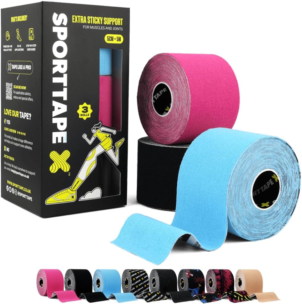Kinesiology Tape, 5cm x 5m, 3 Rolls, Mixed - Waterproof & Hypoallergenic Kinetic Physio Tape for Muscle Injury Recovery, Sports Strapping for Knee Pain, Shoulder, Joint Support & Blisters
