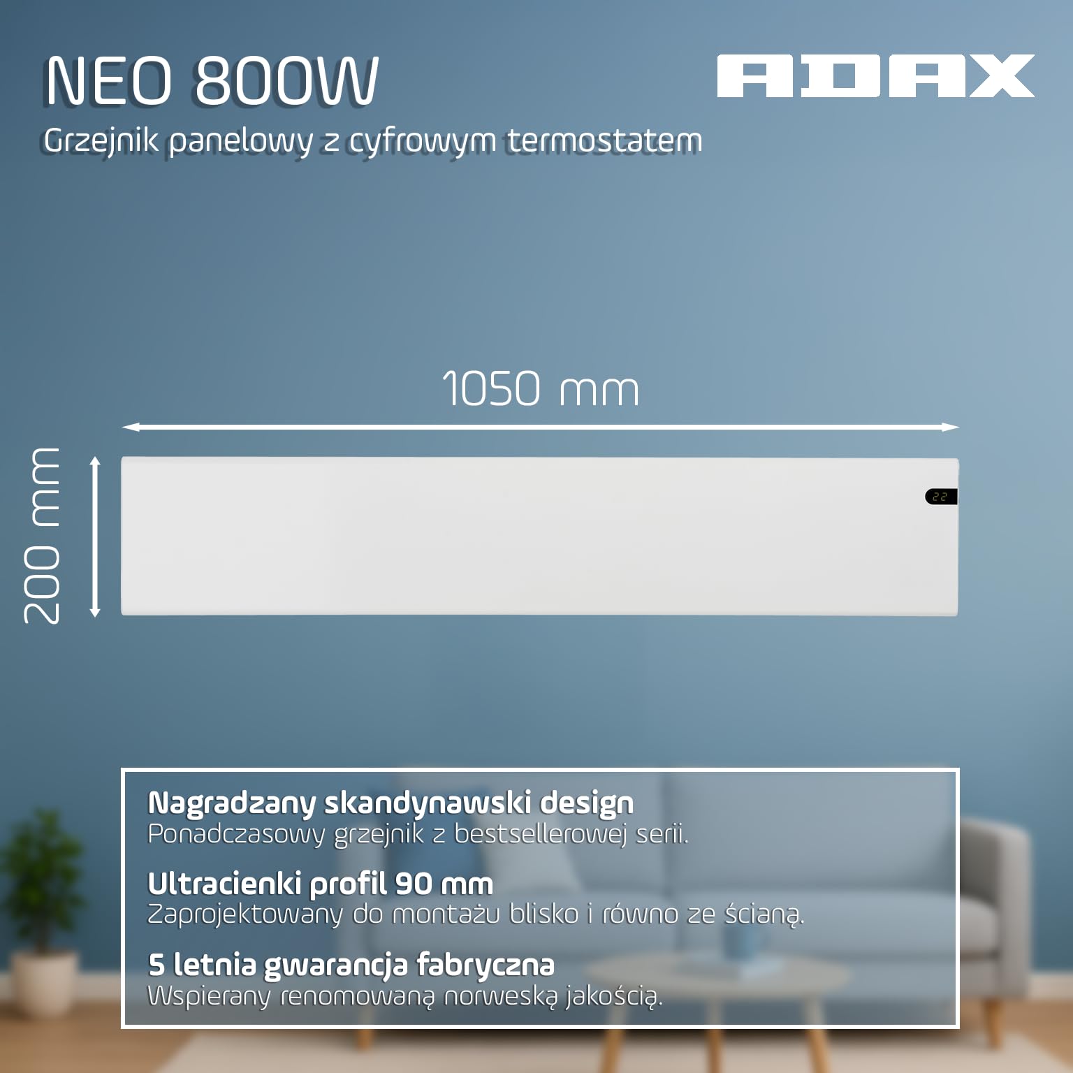 Adax Neo NL - konwektor, nowoczesne ogrzewanie elektryczne, 800W, niska wysoko˜‡ 200mm | KDT Biaˆy | ochrona przed zamarzaniem | IP20C
