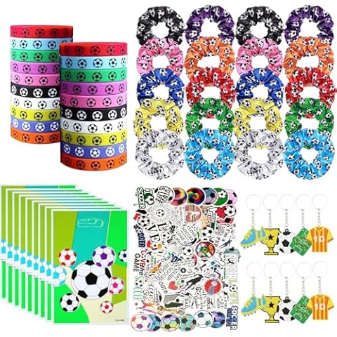 EIDIND 180PCS Soccer Party Favor Set with Soccer Goodie Bags, Soccer Rubber Bracelets Soccer Stickers Soccer Key Chains Soccer Satin Scrunchies Hair Ties, Soccer Party Supplies Soccer Party Decoration Cover